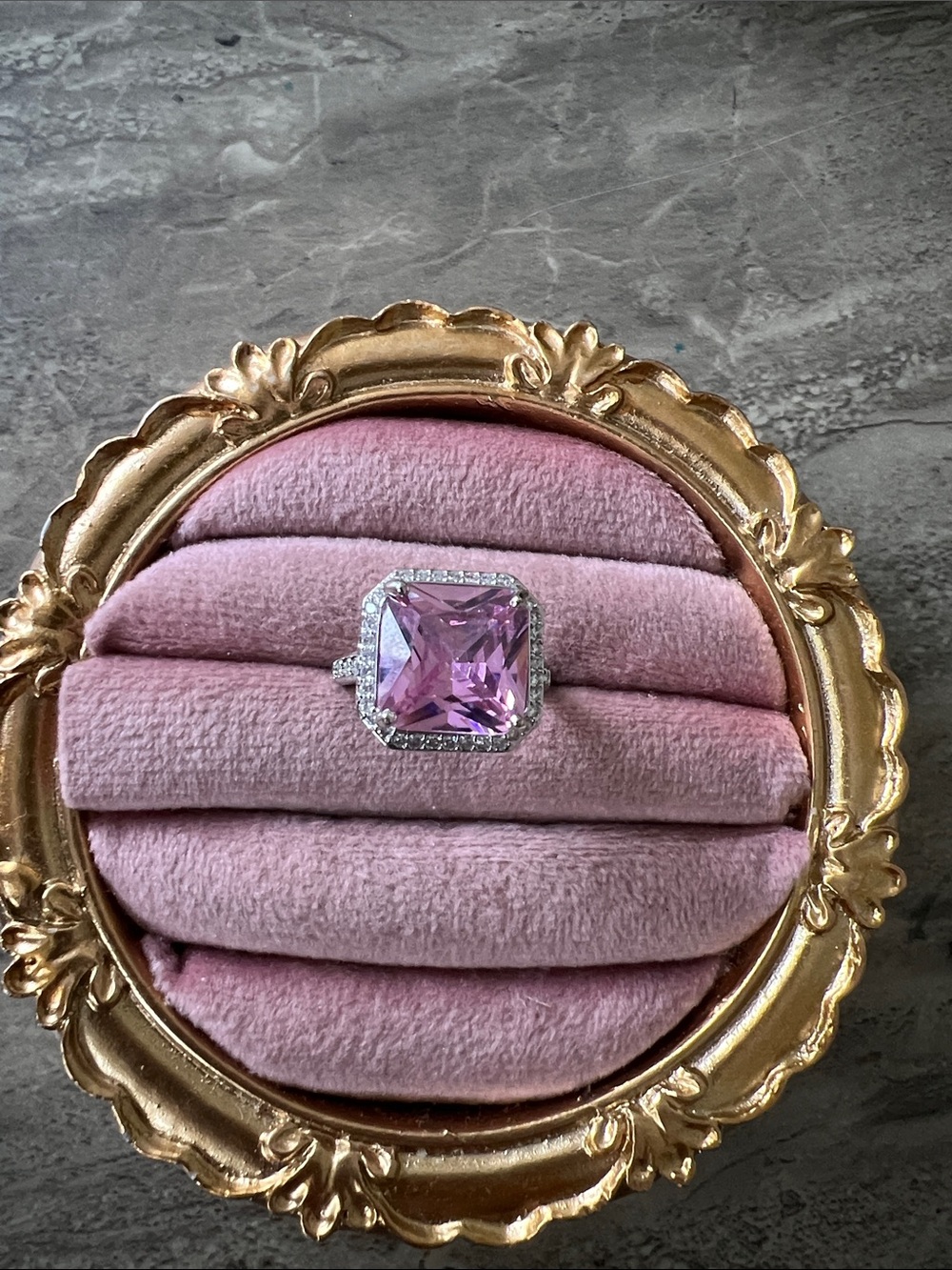 Silver Ring with Square Pink Gemstone fashion size 7 as is but adjustable bling
